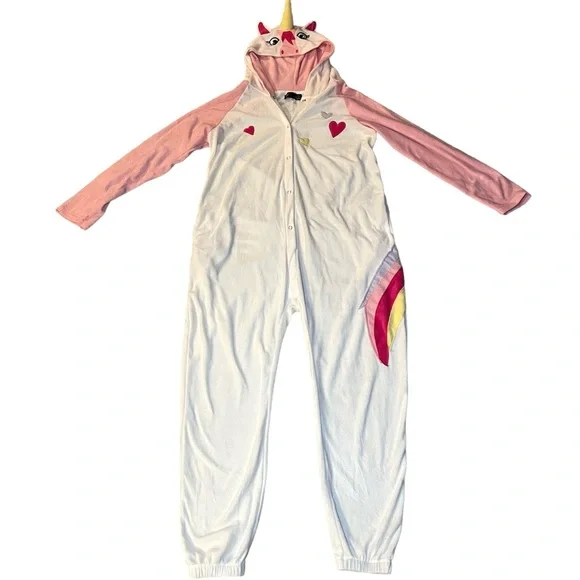 Unicorn onesie hooded pajama costume white with pink & rainbows size M NWOT - Picture 7 of 11